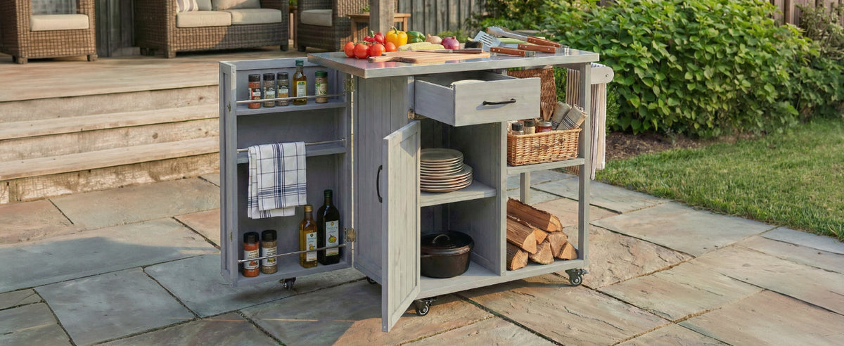 Outdoor Kitchen Island Fir Wood Prep Station with Stainless Steel Top