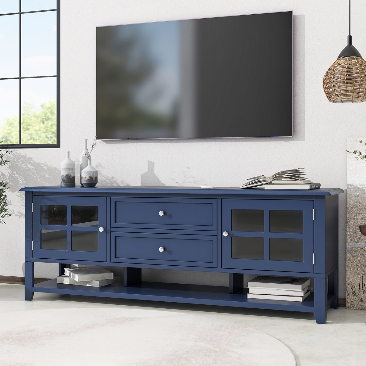 TV Stand, Entertainment Center With Dual Drawers And Hidden Storage, Cabinet With Soft Closing Doors And Sleek Panel Design