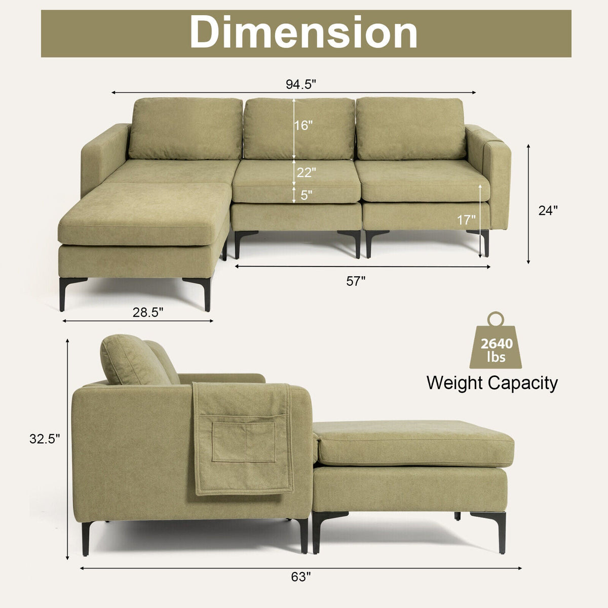 Modular 3-Seat L-shaped Sectional Sofa with Reversible Chaise and 2 USB Ports-Green