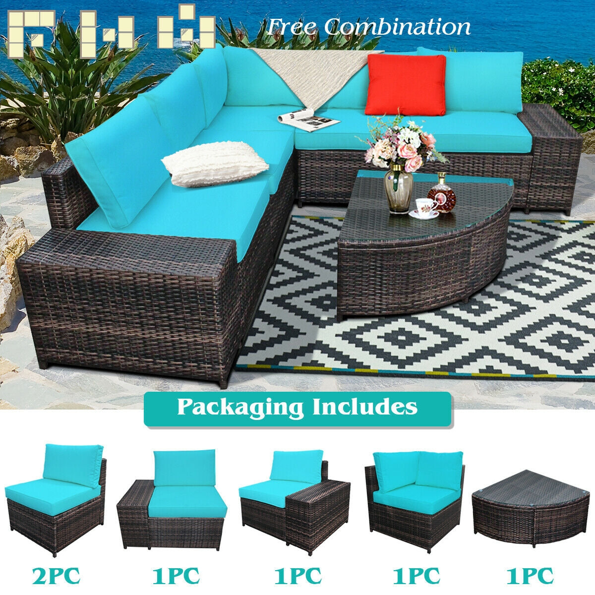 6 Piece Wicker Patio Sectional Sofa Set with Tempered Glass Coffee Table