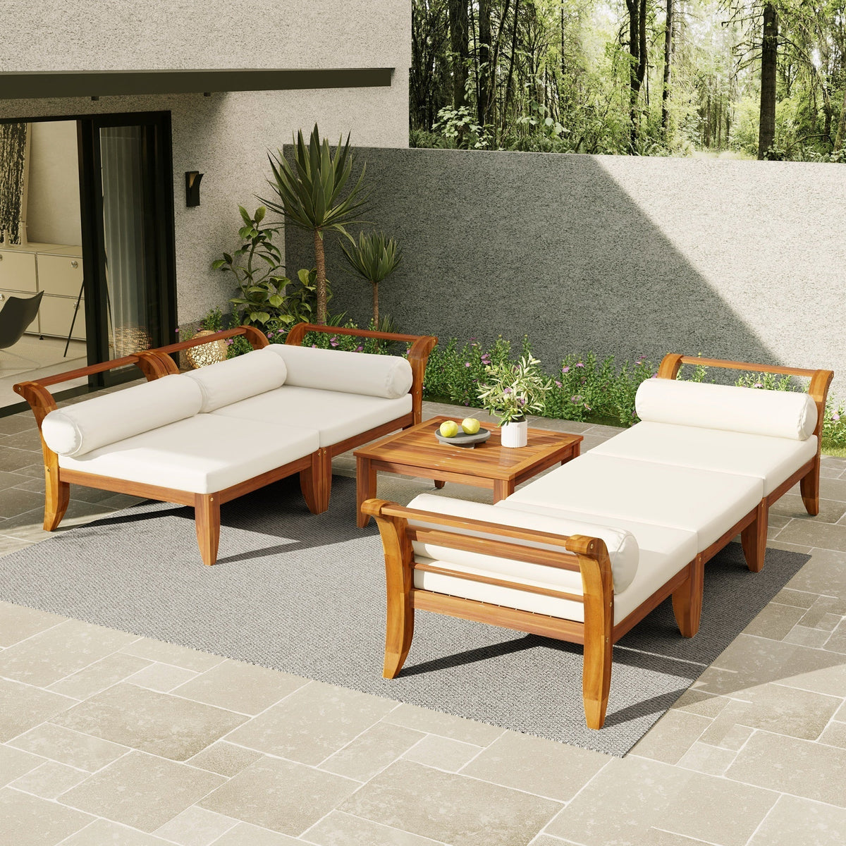 6 Piece Acacia Wood Outdoor Modular Sectional with Daybed and Tea Table
