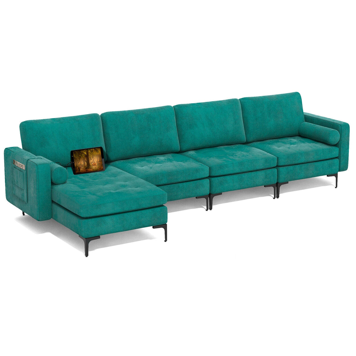 Modular L-shaped 4-Seat Sectional Sofa with Reversible Chaise and 2 USB Socket