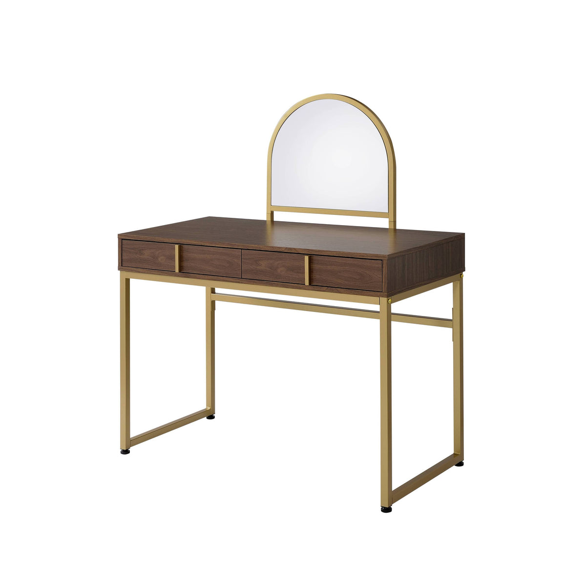 Coleen Walnut & Gold Finish Vanity Desk with Mirror & Jewelry Tray