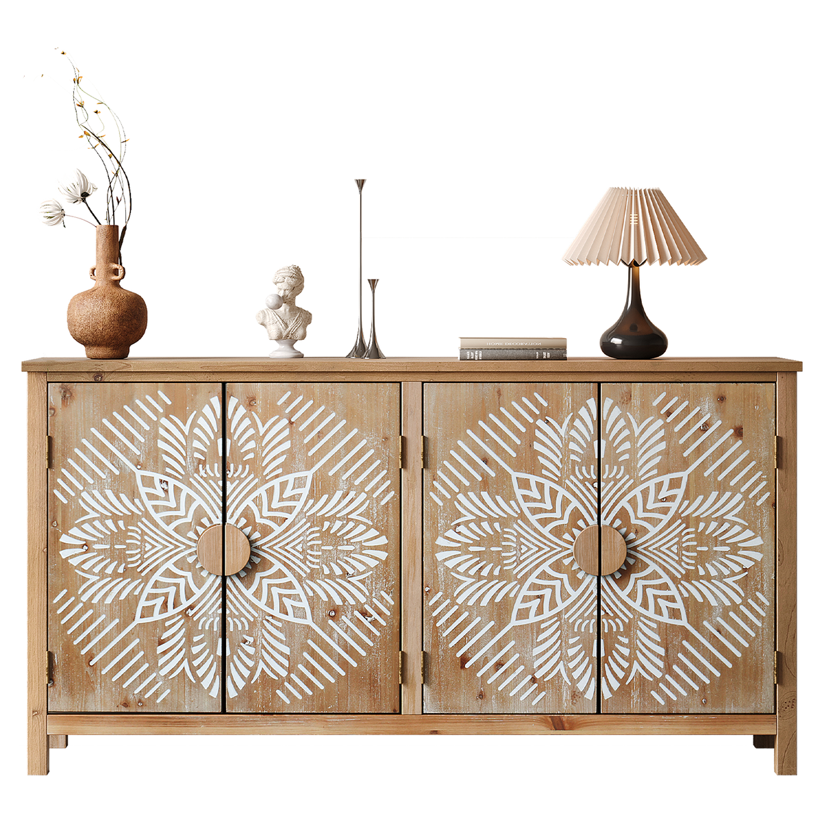 60" Wood Accent Cabinet with 4 Doors Brown and Antique White