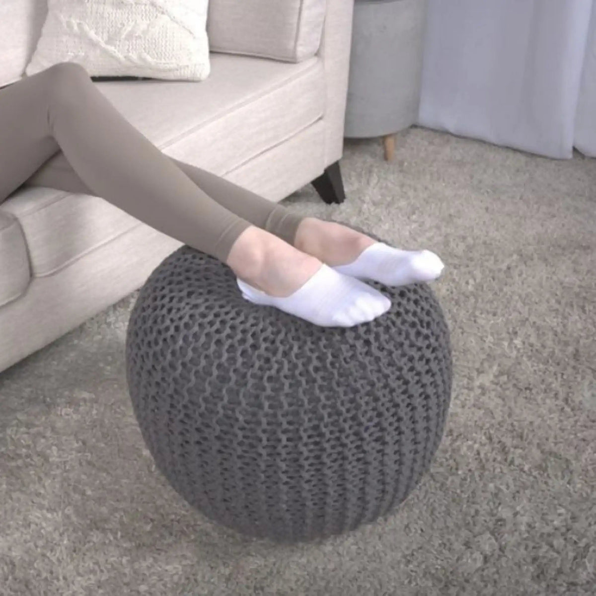 Bordeaux Knitted Cotton Round Pouf - Versatile Ottoman and Floor Cushion