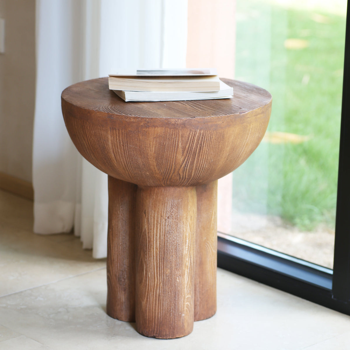 Iris Outdoor Patio Three-Legged Wood-Grain Side Table