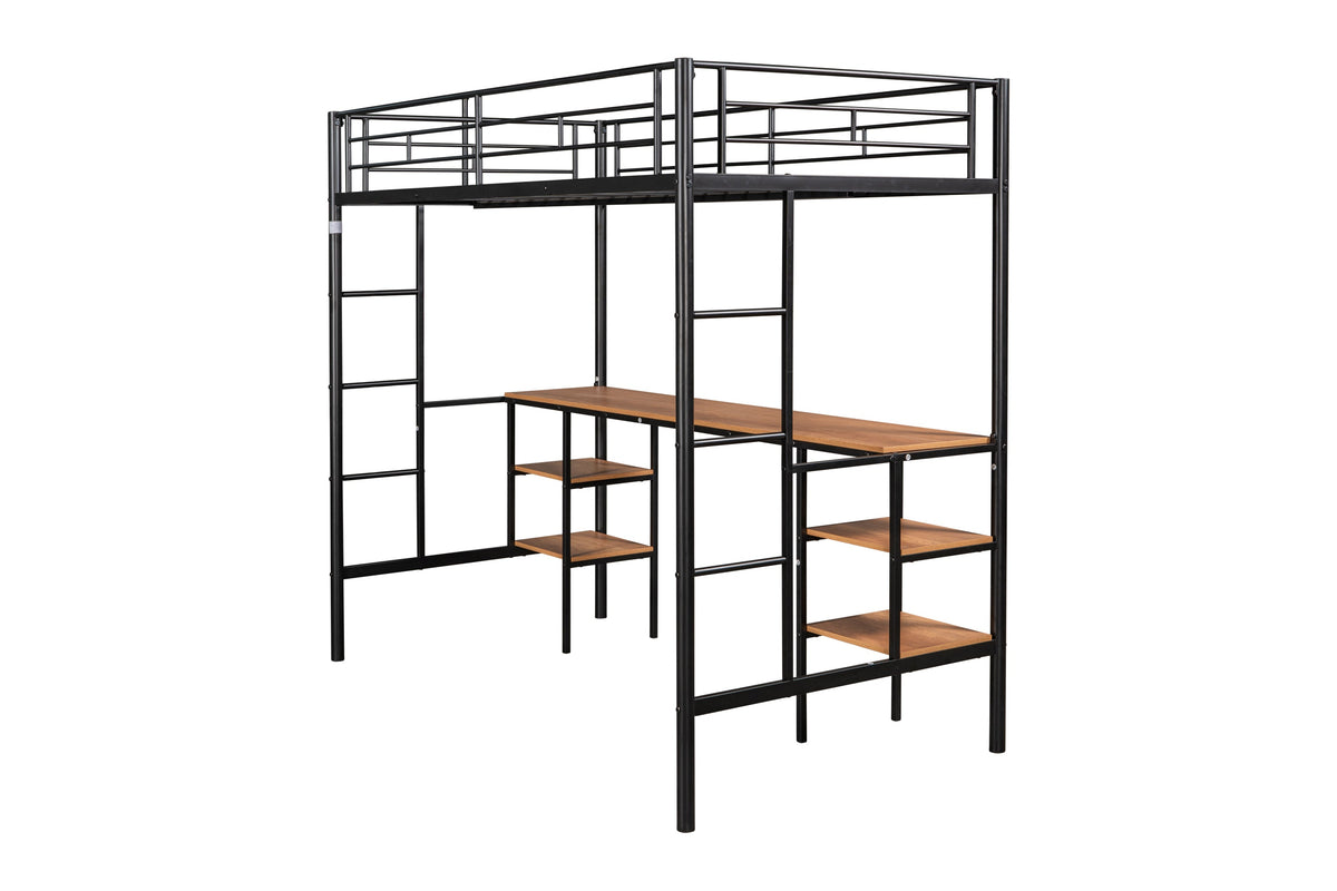 Twin loft bed with table and shelf/Heavy duty sturdy metal/Built in table and shelf/Noise reduction/Safety fence