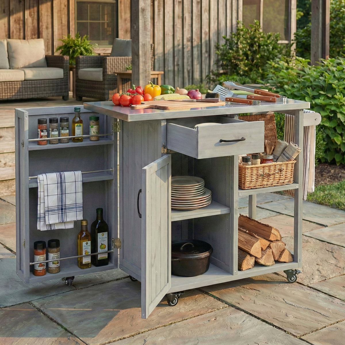 Outdoor Kitchen Island Fir Wood Prep Station with Stainless Steel Top
