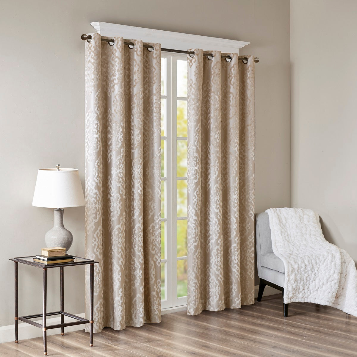 Knitted Jacquard Damask Total Blackout Grommet Top Curtain Panel