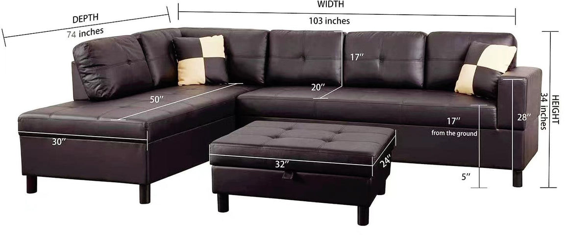 3 Pc Sectional Sofa Set Brown Faux Leather Left-Facing Chaise