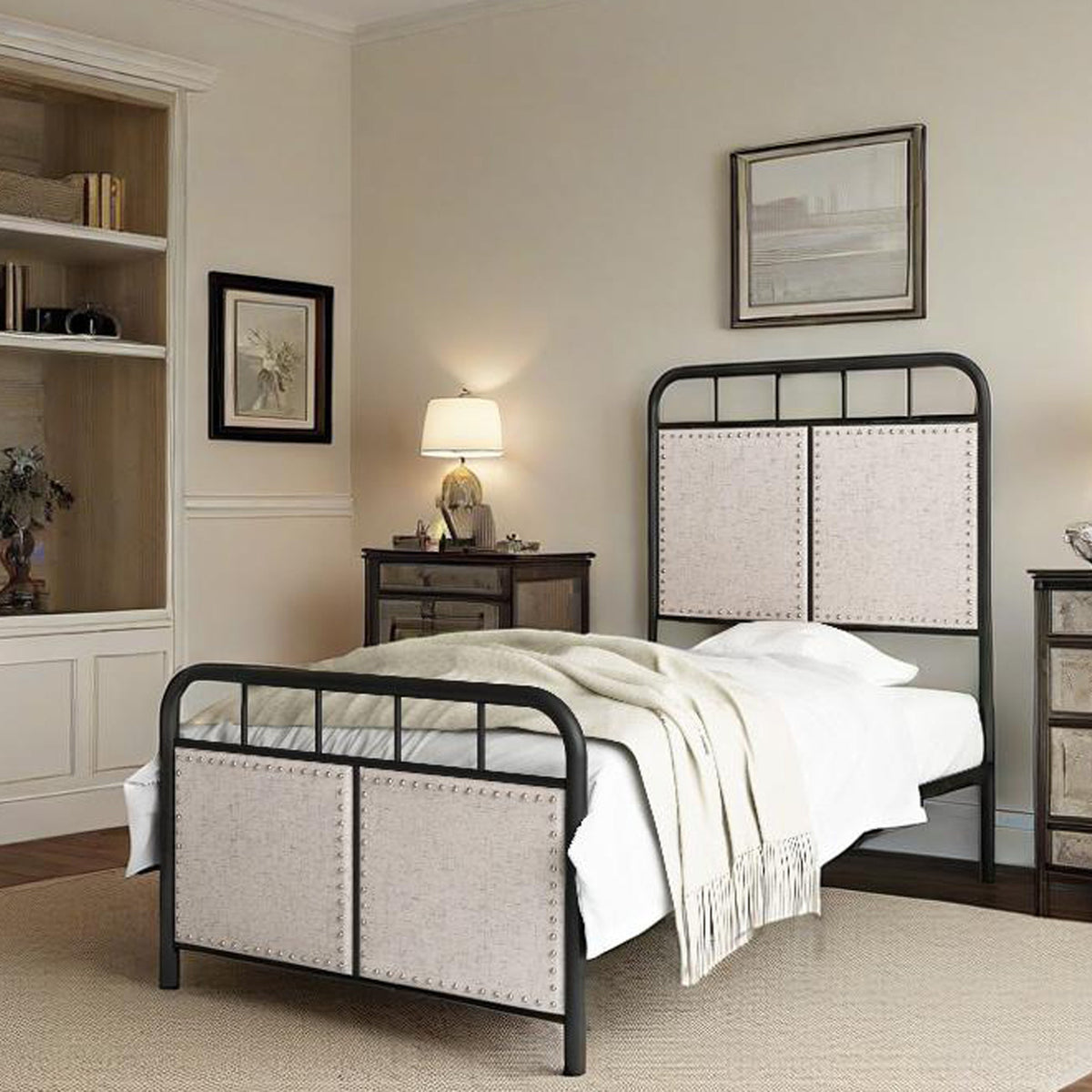 Twin Size Linen Upholstered Platform Metal Bed Frame with Fabric Headboard and Footboard
