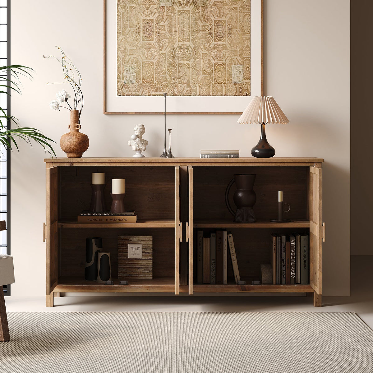 60" Wood Accent Cabinet with 4 Doors Brown and Antique White