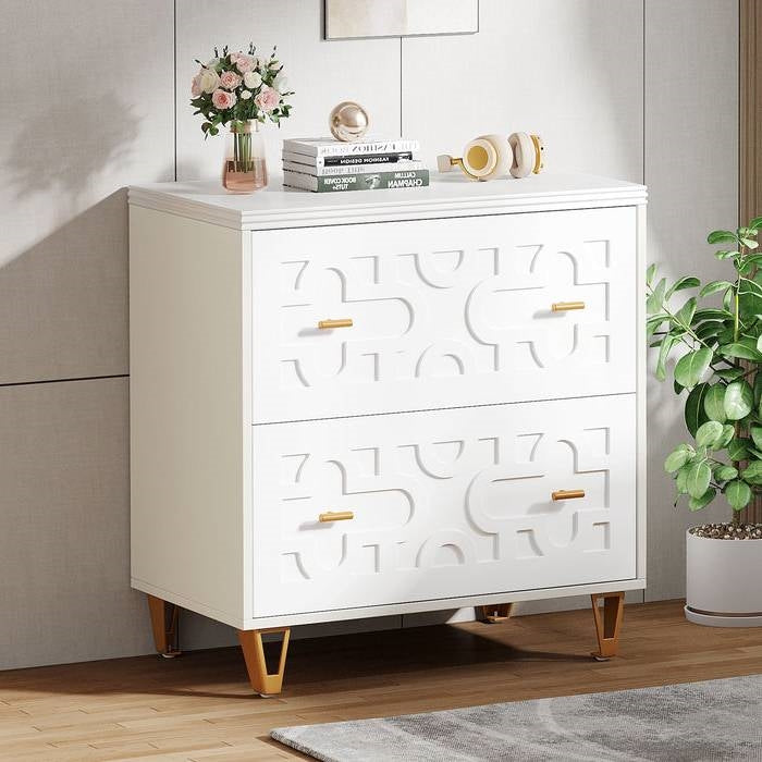 Retro White/Gold Geometric Scroll 2 Drawer Filing Cabinet Printer Stand