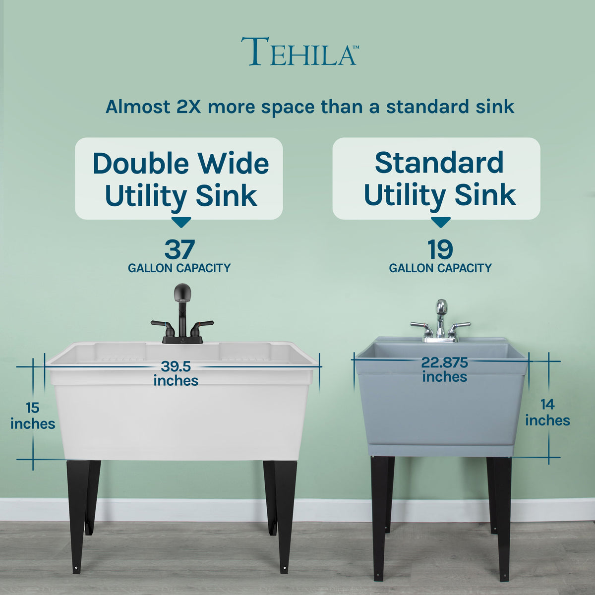 Tehila Freestanding Double-Wide White Utility Sink with Steel Legs & Black Pull-Out Faucet, Multi-Purpose Heavy-Duty Laundry Tub and Kitchen Sink for Homes & Business