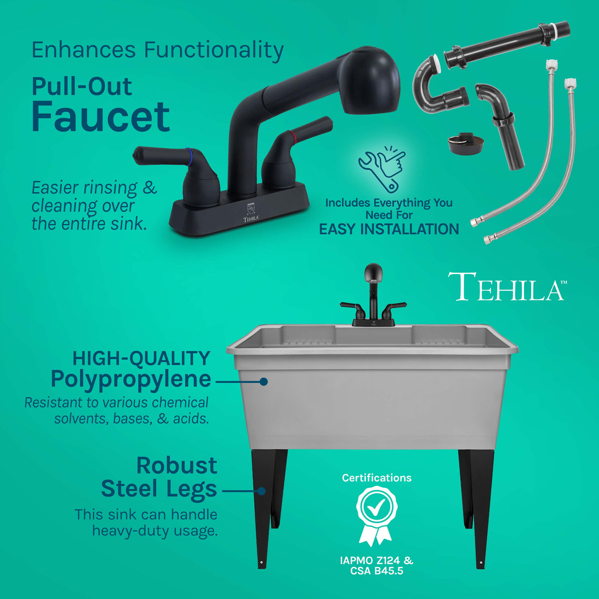 Tehila Freestanding Double-Wide Grey Utility Sink with Steel Legs & Black Pull-Out Faucet, Multi-Purpose Heavy-Duty Laundry Tub and Kitchen Sink for Homes & Business