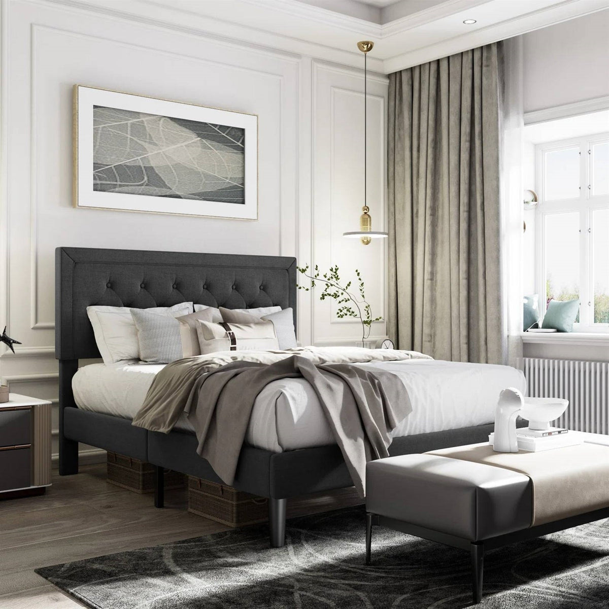 Full size Black Linen Upholstered Platform Bed with Button-Tufted Headboard