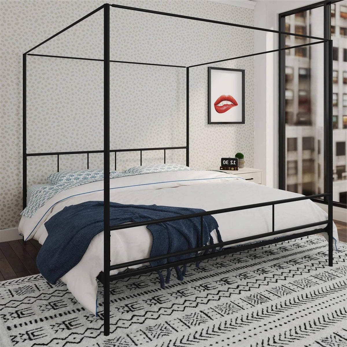 King size Black Metal Canopy Bed Frame with Headboard and Footboard