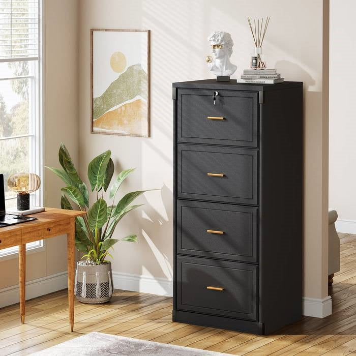 Vertical File Cabinet in Black Wood Finish with 4 Lockable Storage Drawers