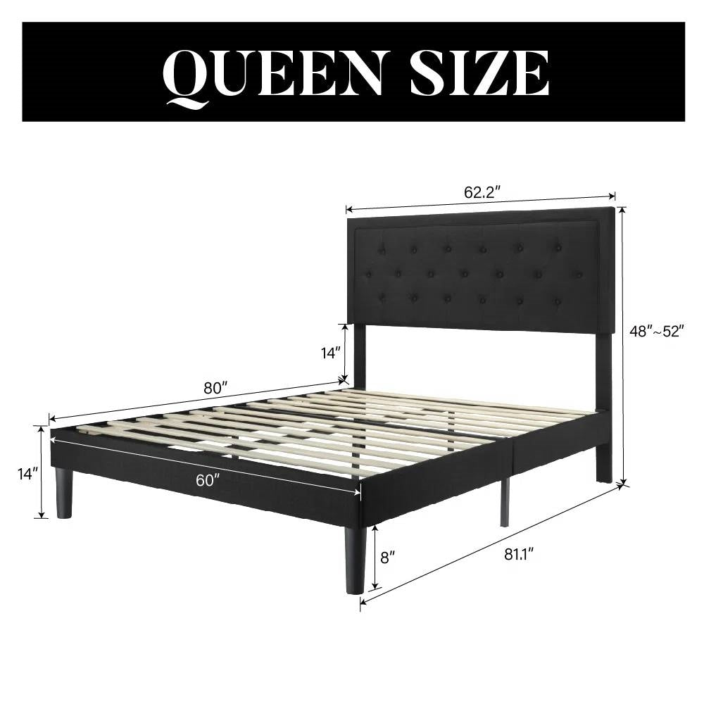 Queen Black Linen Upholstered Platform Bed Frame with Button-Tufted Headboard