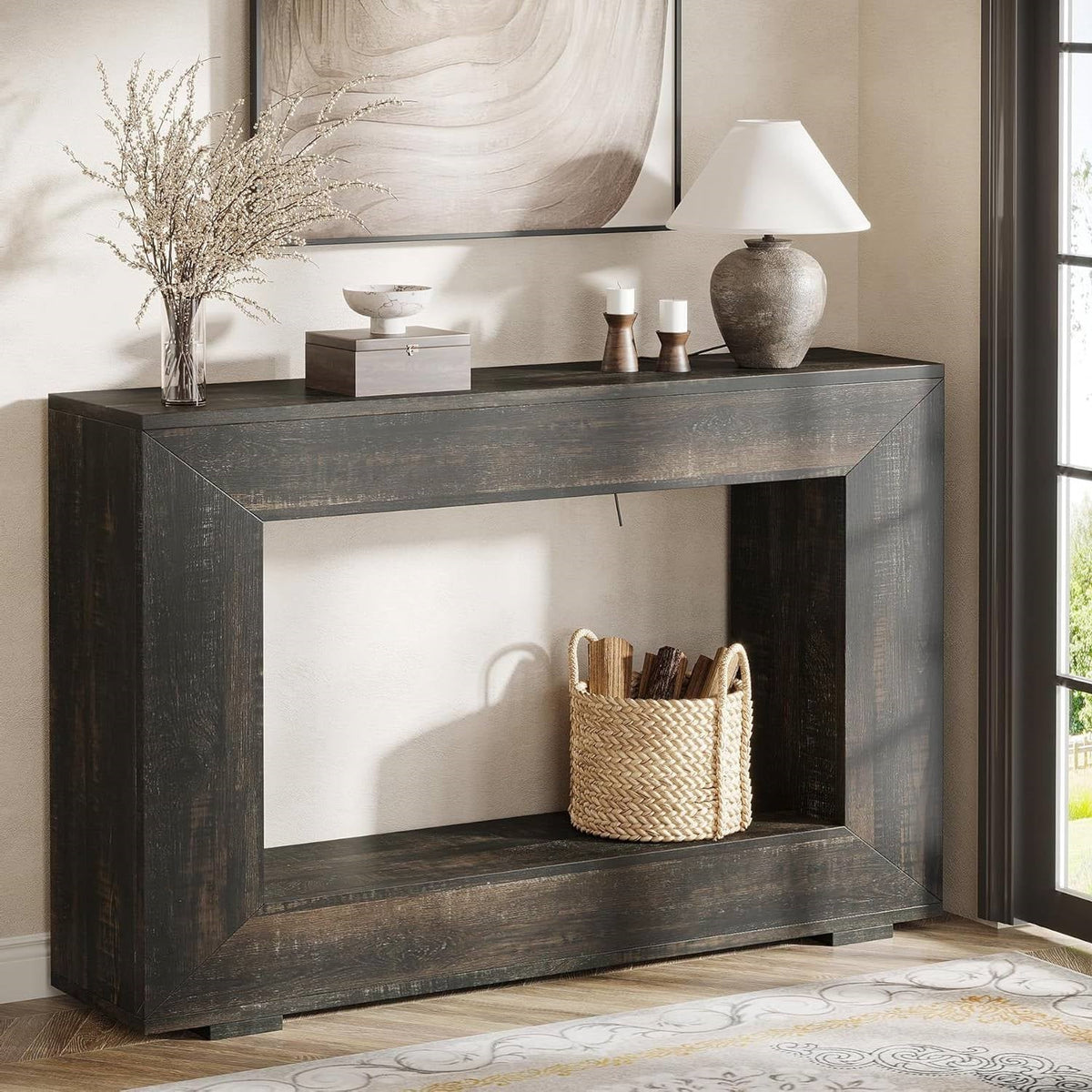 Modern Farmhouse 47-inch Long Sofa Table in Dark Grey Black Wood Finish