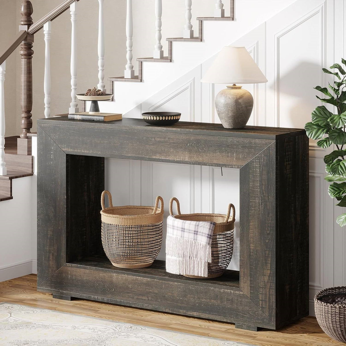 Modern Farmhouse 47-inch Long Sofa Table in Dark Grey Black Wood Finish