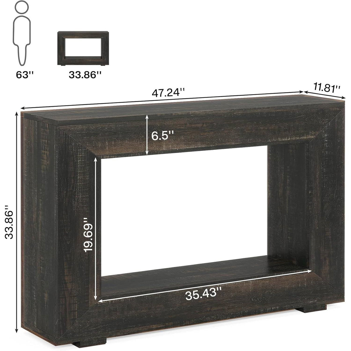 Modern Farmhouse 47-inch Long Sofa Table in Dark Grey Black Wood Finish