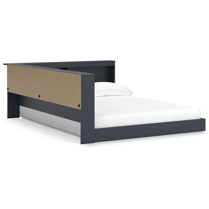 Twin size Blue Wooden Corner Storage Bed with Bookcase Headboard and USB Ports