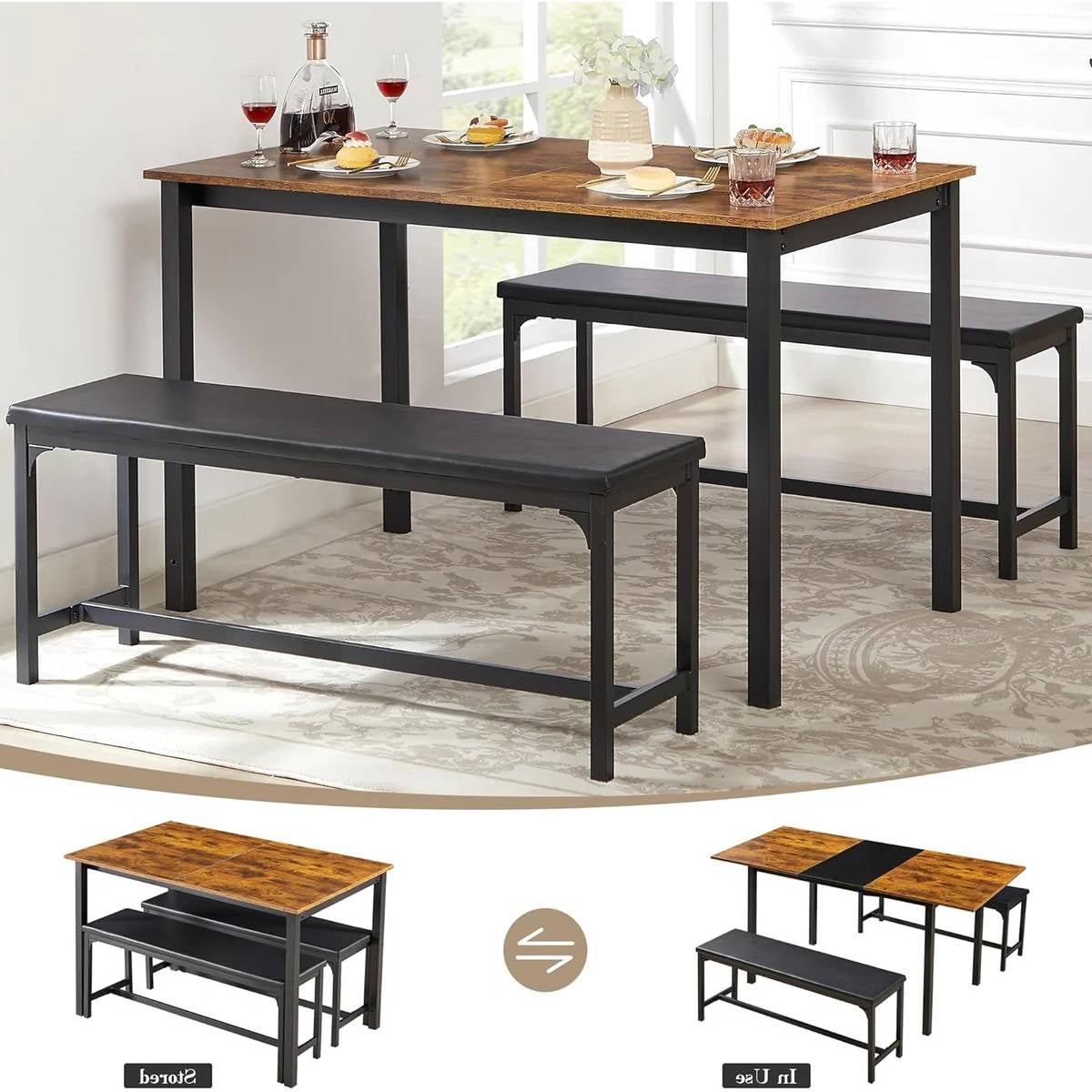 Modern 3-Piece Dining Set with Expandable Kitchen Table and 2 Backless Benches