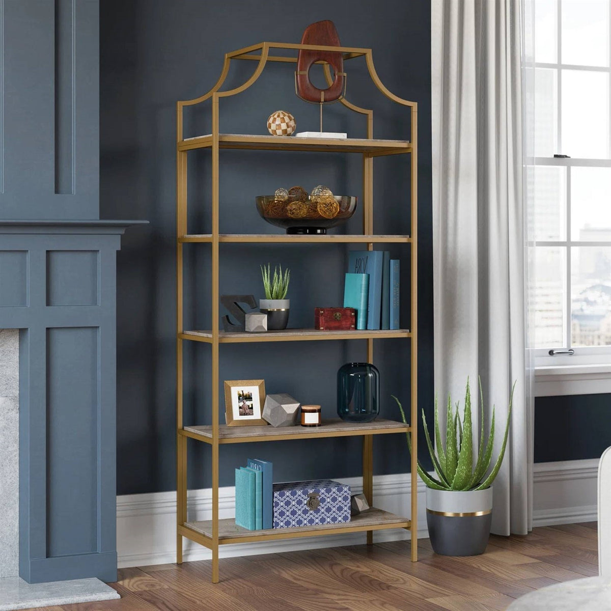 Gold Metal Display Rack Etagere Bookcase with 5 Faux Stone Storage Shelves