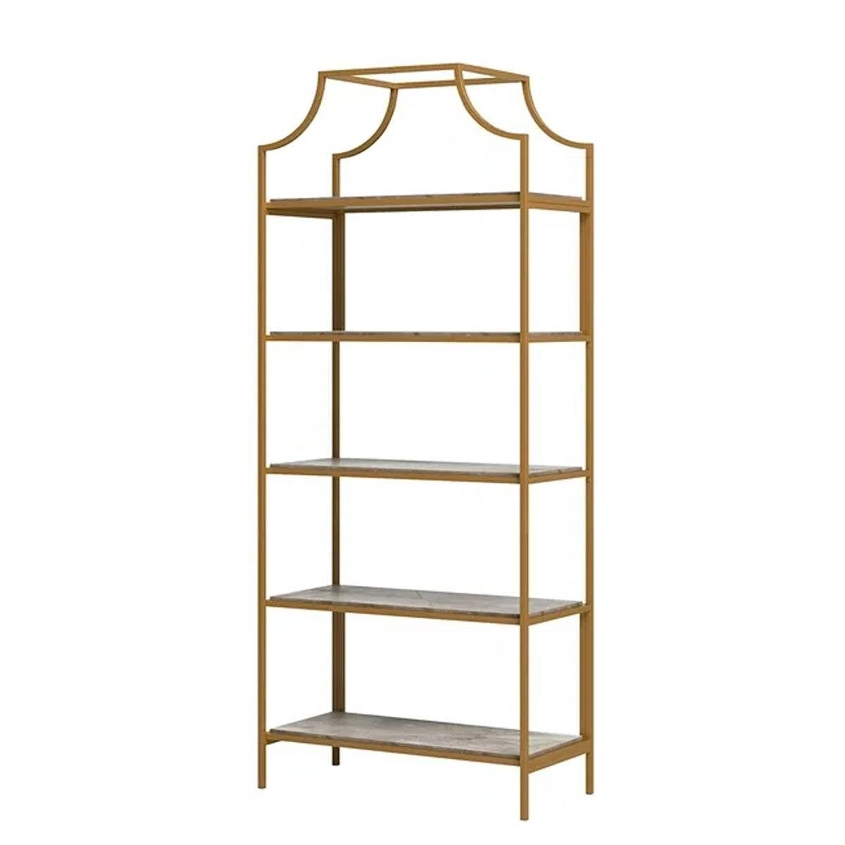 Gold Metal Display Rack Etagere Bookcase with 5 Faux Stone Storage Shelves