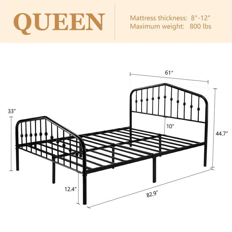 Queen Farmhouse Spindle Black Metal Platform Bed Frame with Headboard Footboard