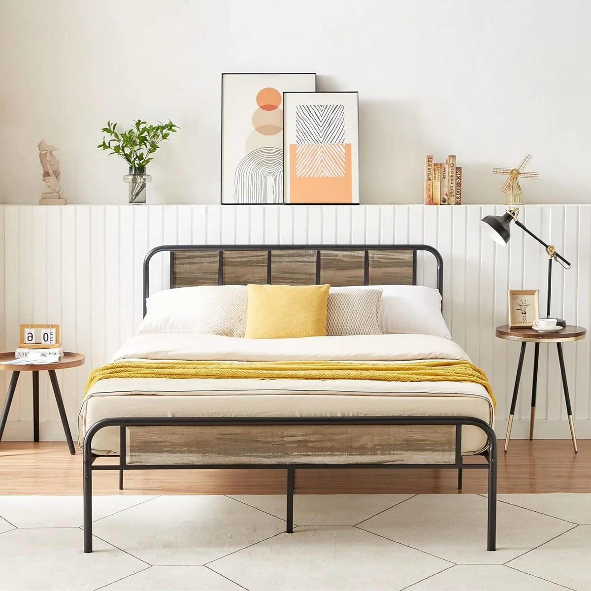 Full size Grey Wood Metal Platform Bed Frame with Rounded Headboard Footboard