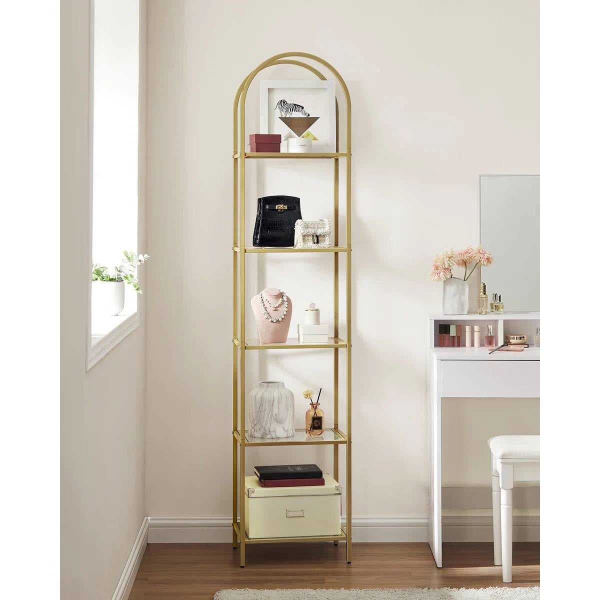 Arched Top Gold Metal Display Rack Narrow Bookcase with 5 Glass Storage Shelves
