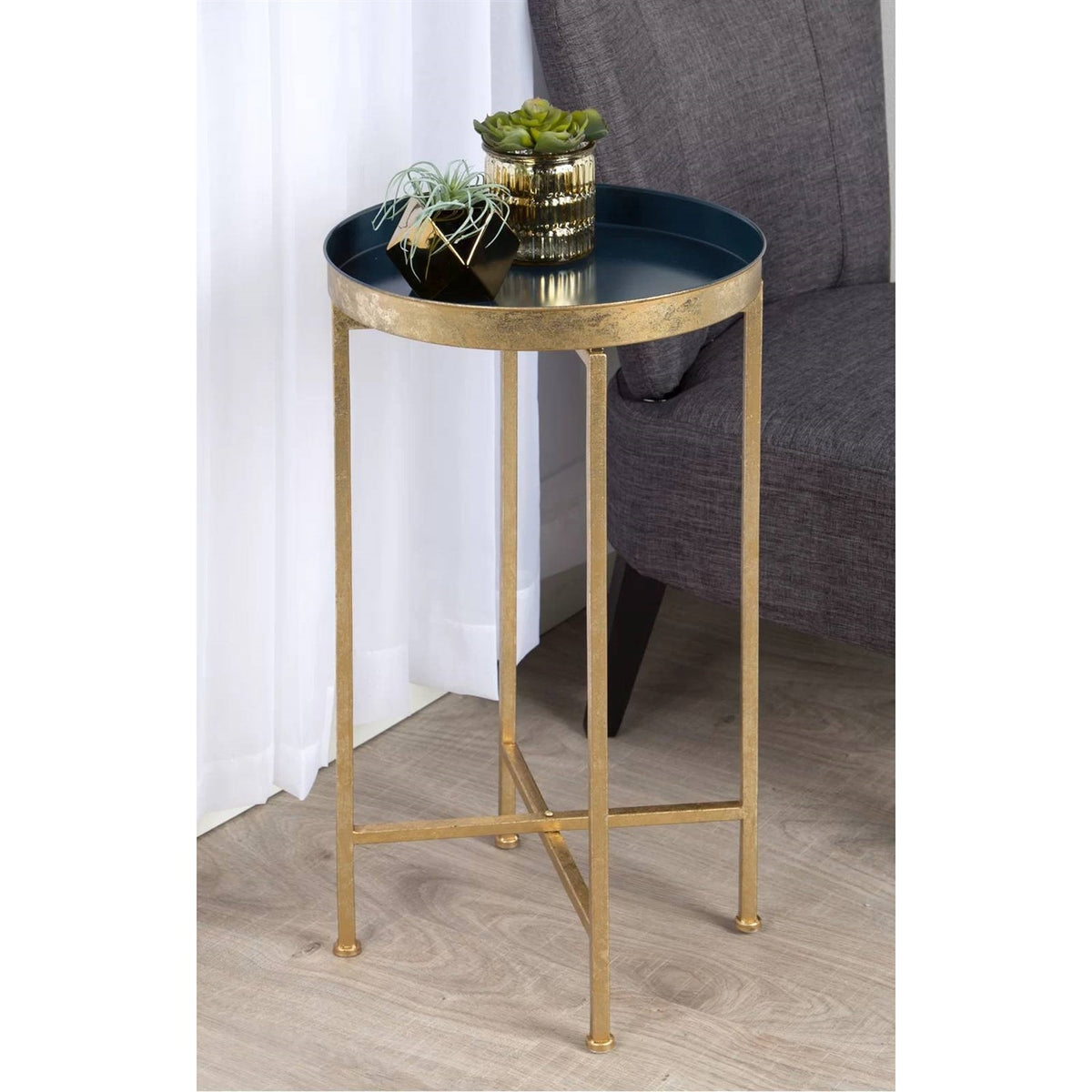 Gold Finish Metal Round End Table Nightstand with Removable Navy Blue Tray Top