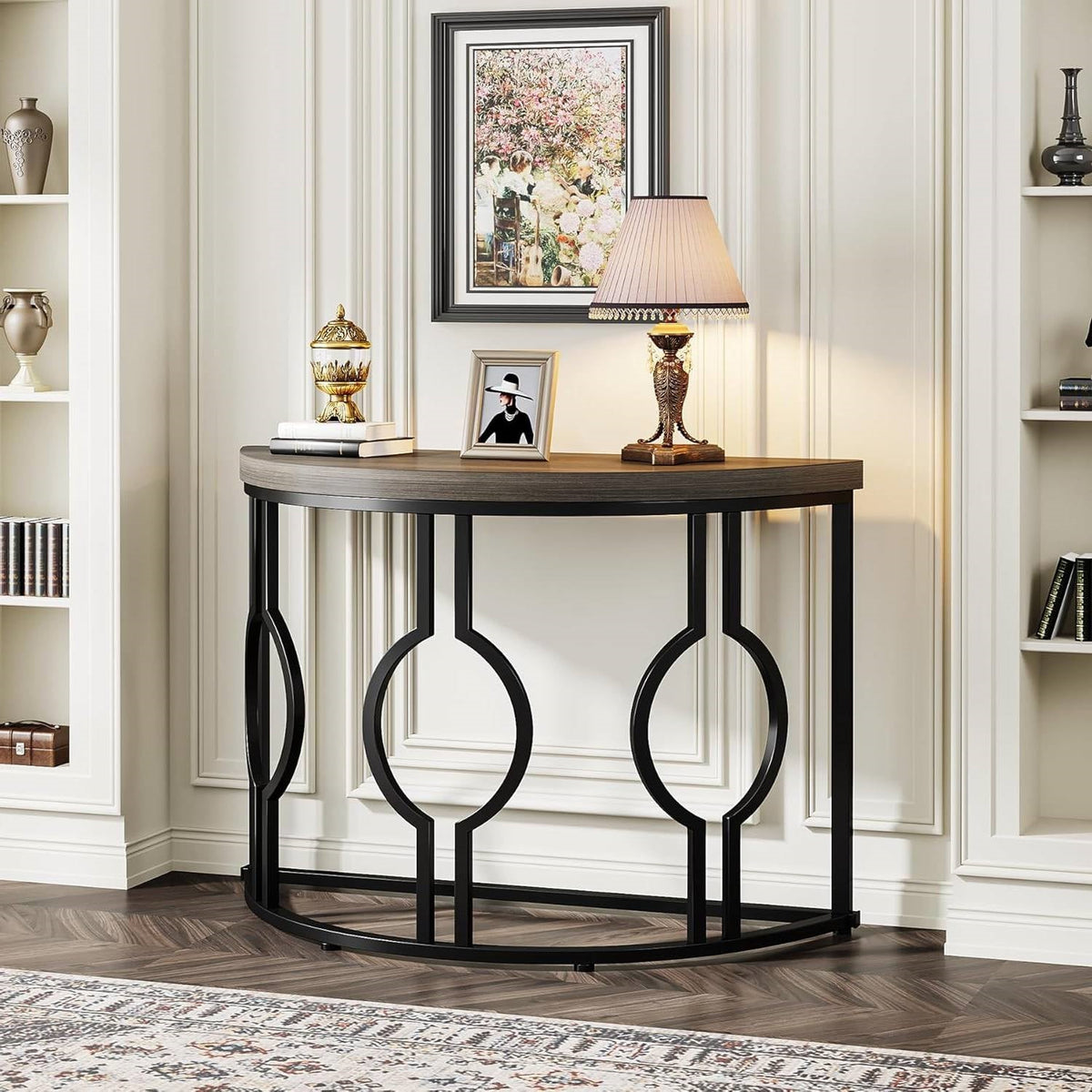 Modern 43-inch Half Moon Accent Sofa Table with Grey Wood Top Black Frame