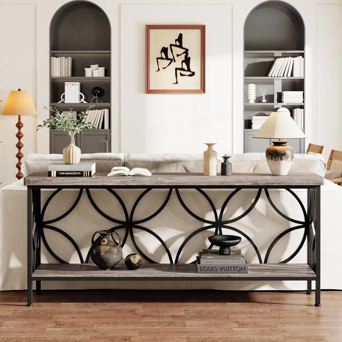 Modern 70-inch Long Narrow Foyer Entryway Table with Grey Wood Top and Shelf