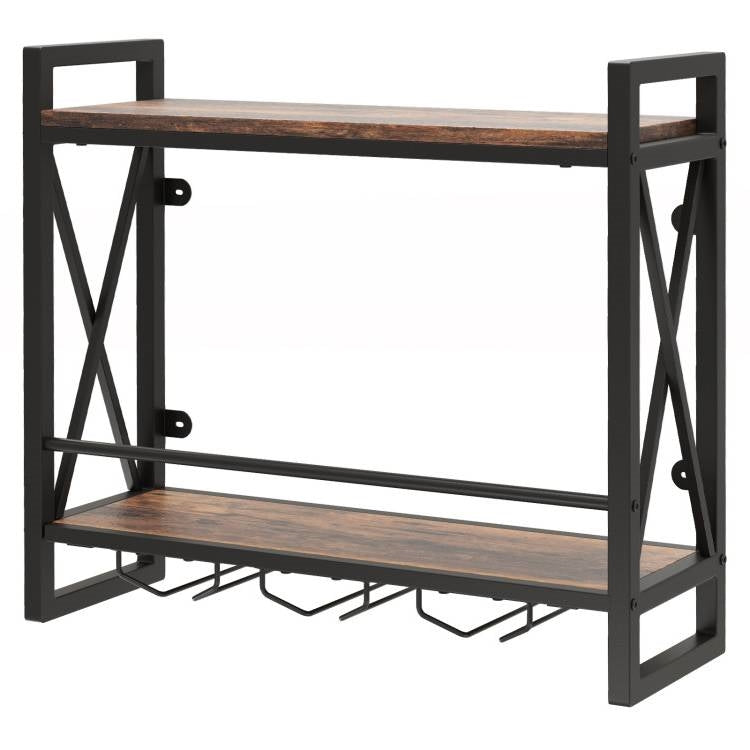 Industrial Rustic Brown Wood Metal 2 Tier Wall Mounted Wine Rack