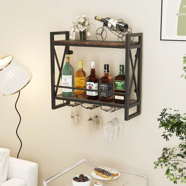Industrial Rustic Brown Wood Metal 2 Tier Wall Mounted Wine Rack