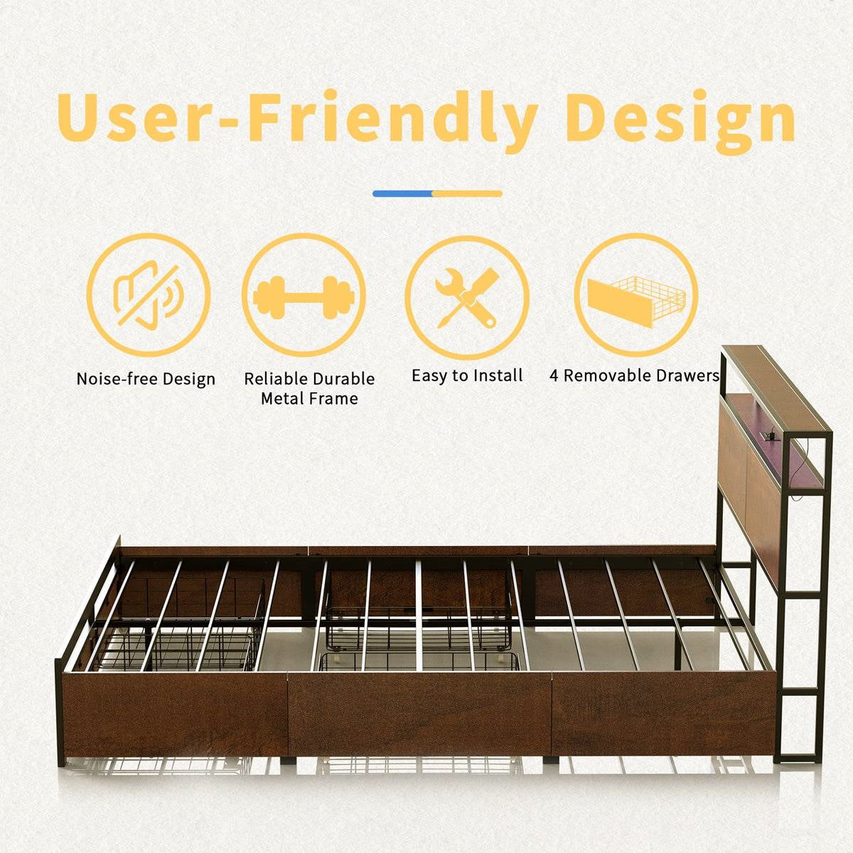 King size Platform Bed with Headboard and Storage Drawers in Brown Wood Finish