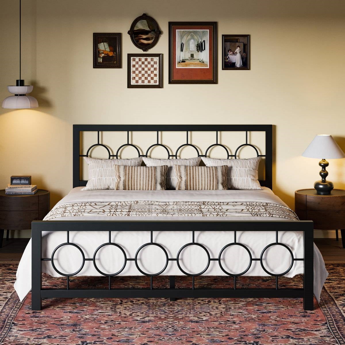 King Black Metal Platform Bed Frame with Circle Medallion Headboard Footboard
