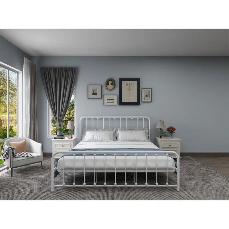 King White Metal Platform Bed Frame with Rounded Corners Headboard Footboard