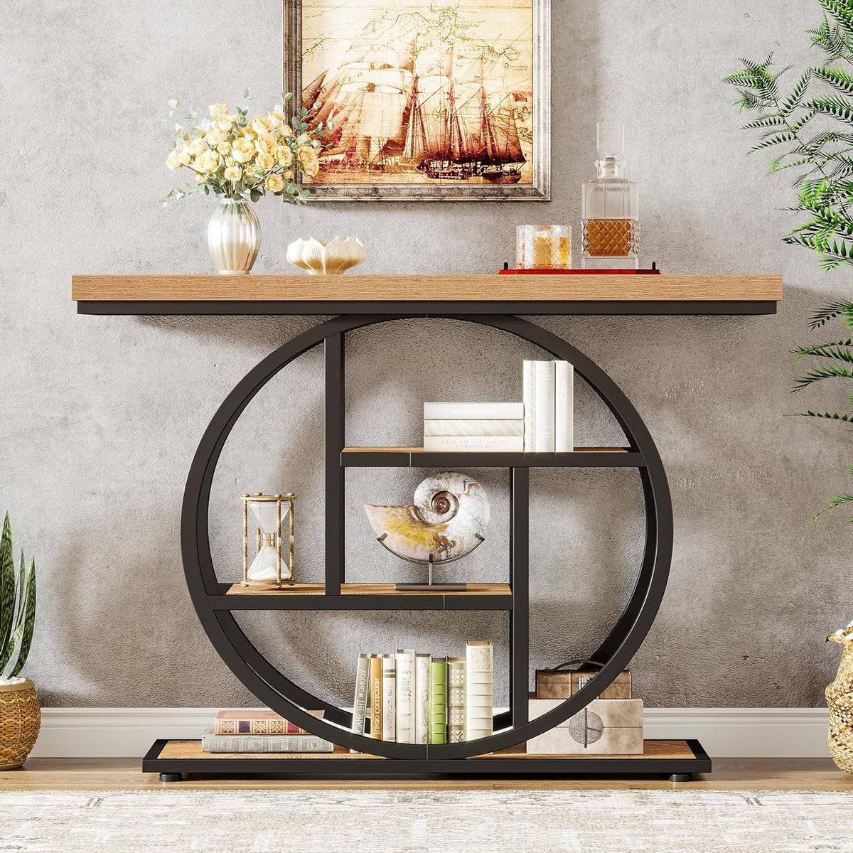 Modern 41-inch Round Base Entryway Sofa Table with Brown Wood Finish Shelves