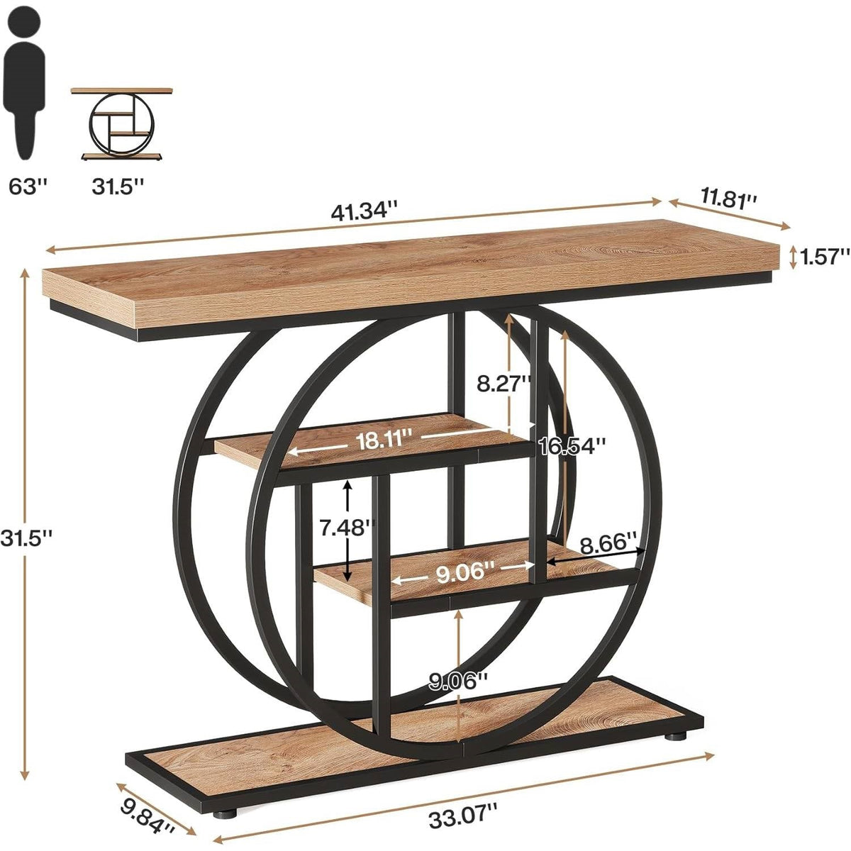 Modern 41-inch Round Base Entryway Sofa Table with Brown Wood Finish Shelves