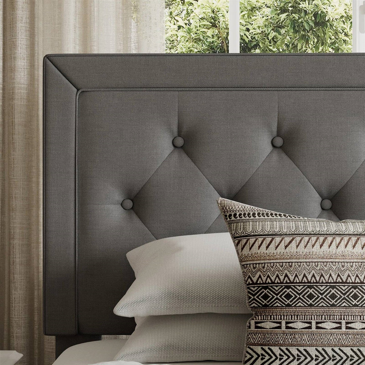 Queen Grey Linen Upholstered Platform Bed Frame with Button-Tufted Headboard