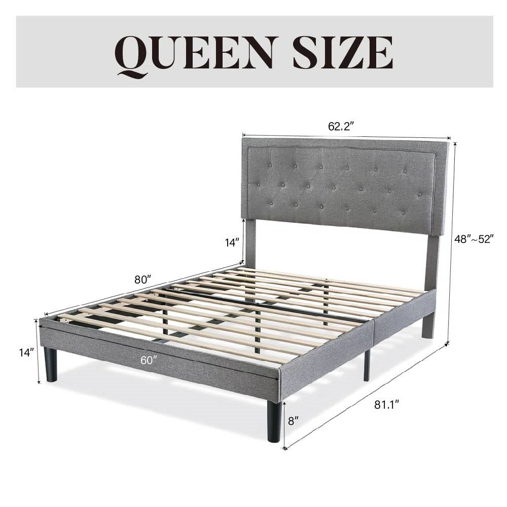 Queen Grey Linen Upholstered Platform Bed Frame with Button-Tufted Headboard