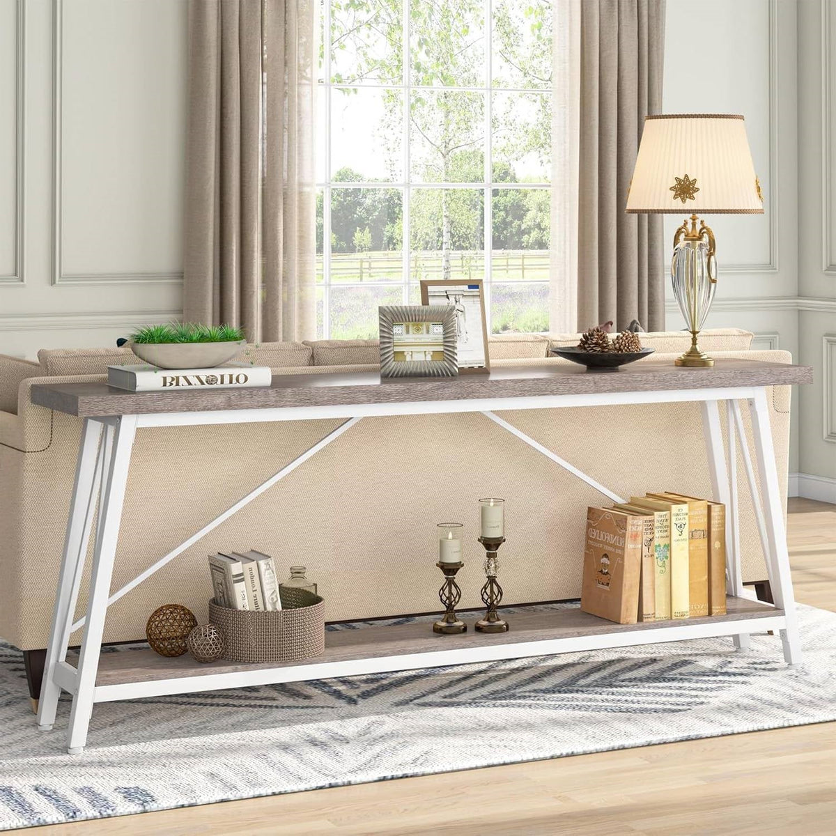 Heavy Duty 70-inch Industrial Grey Wood Top Sofa Table with White Metal Frame