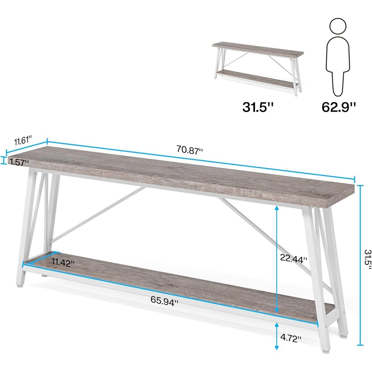 Heavy Duty 70-inch Industrial Grey Wood Top Sofa Table with White Metal Frame