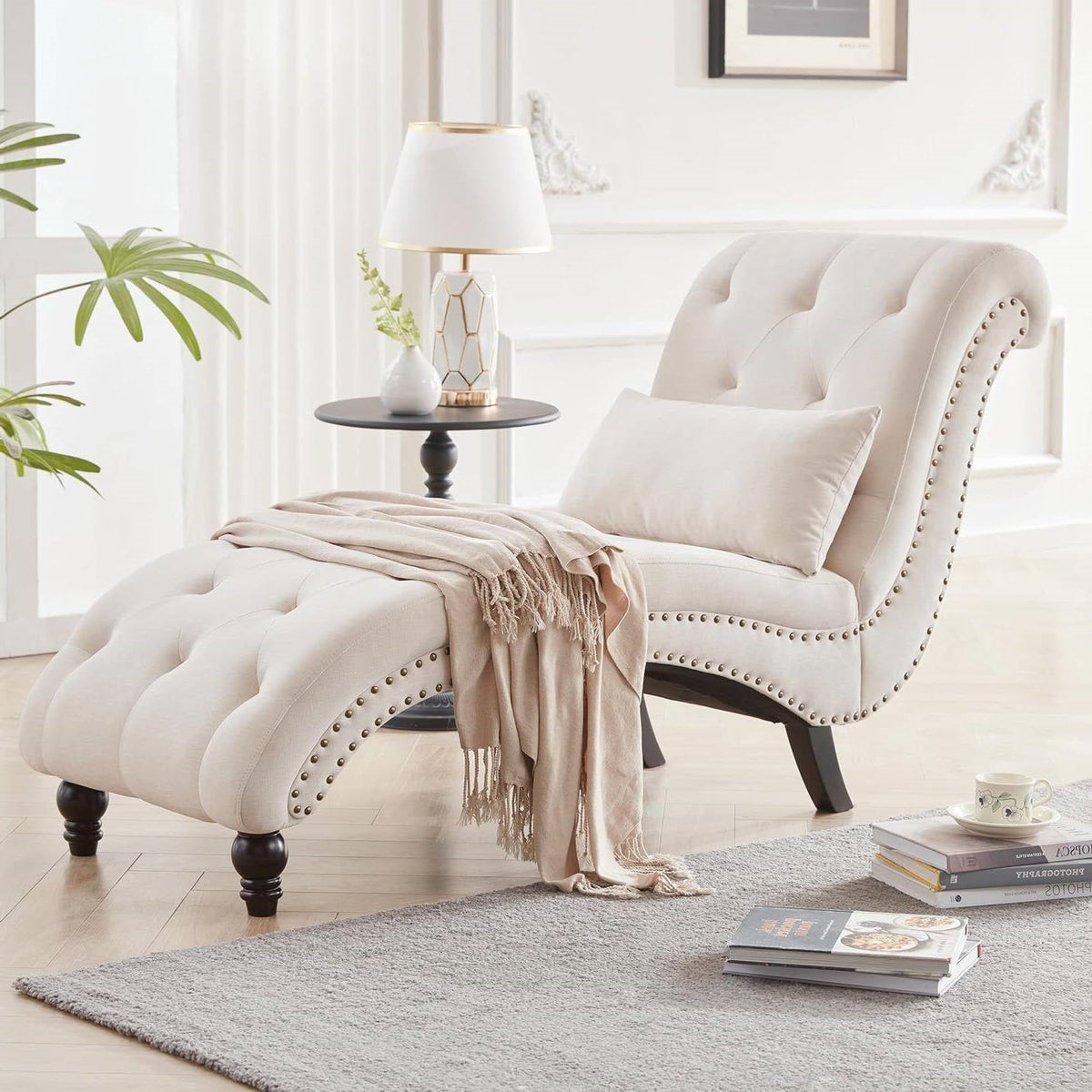 Cream Beige Linen Upholstered Armless Chaise Lounge Chair with Pillow