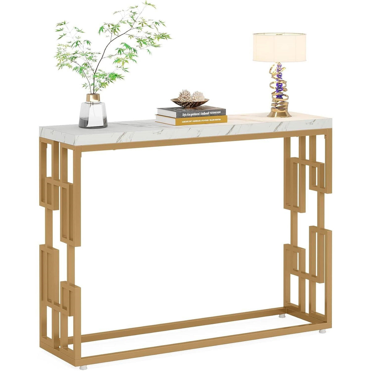 42-inch Modern Console Sofa Table with White Faux Marble Top and Gold Frame