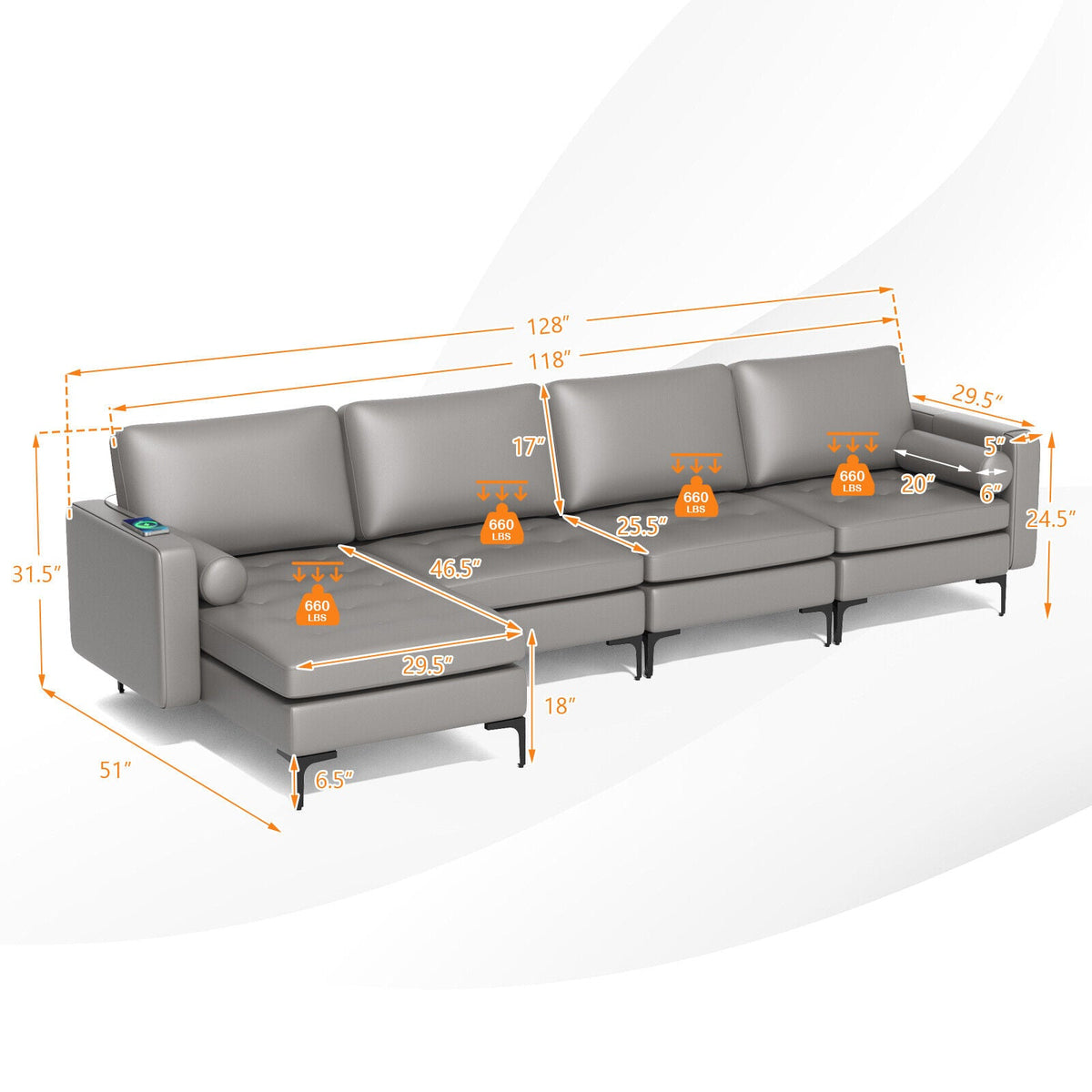 Modular L-shaped 4-Seat Sectional Sofa with Reversible Chaise and 2 USB Socket
